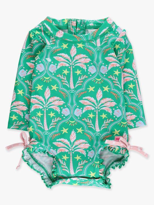 Baby Girls Coconut Cabana Long Sleeve One Piece Rash Guard Swimsuit with Signature Rear Ruffles
