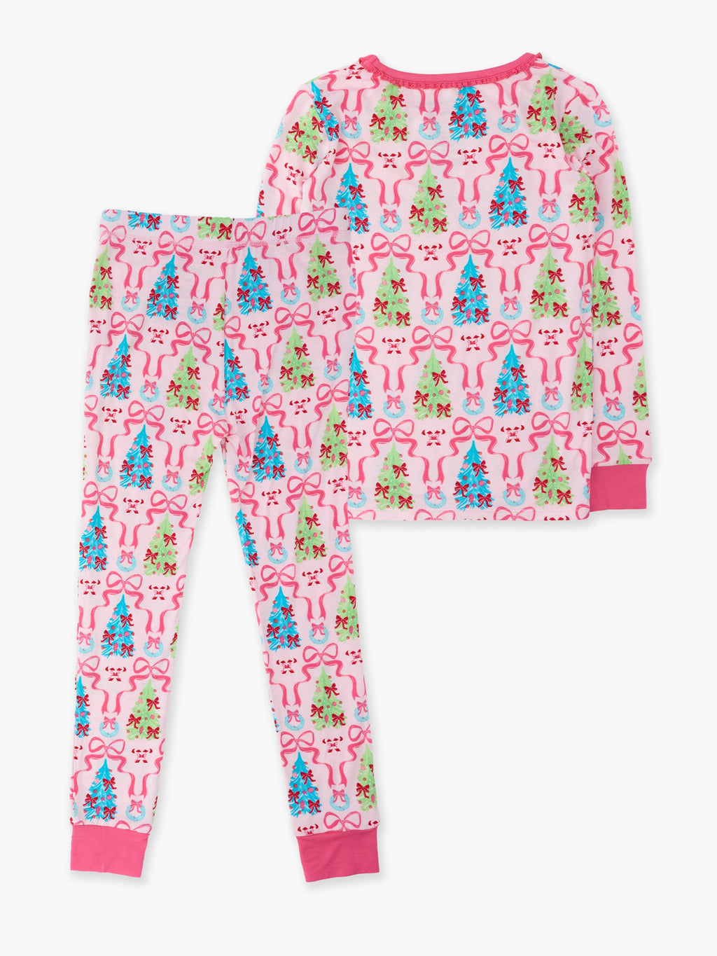 SoftSnooze™ Girls Bamboo Viscose Merry & Bright Christmas Bows Ruffle Long Sleeve Pajama Set