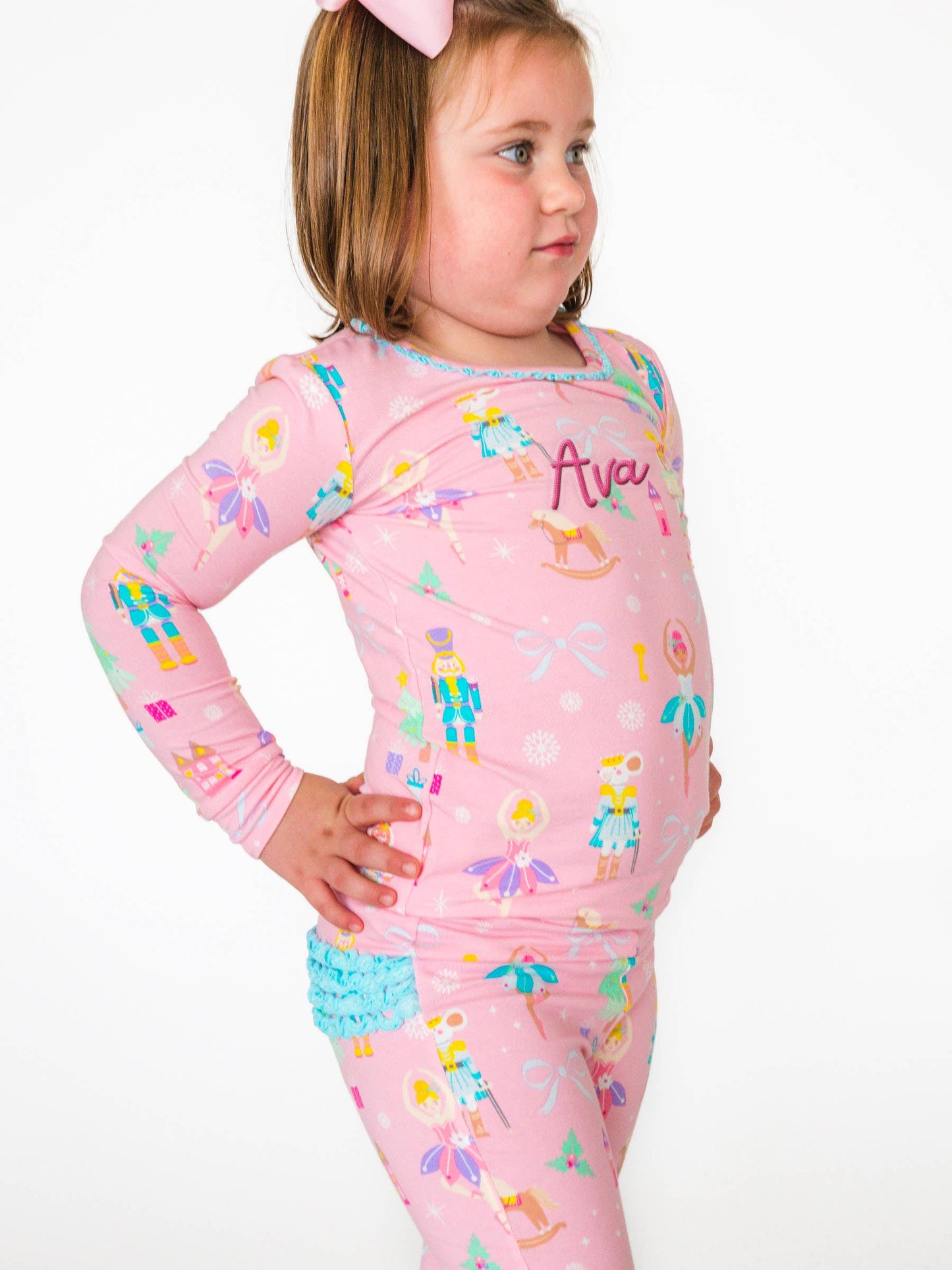 SoftSnooze™ Toddler Girls Cotton Modal Sugarplum Dreams Ruffle Long Sleeve Pajama Set with Signature Rear Ruffles