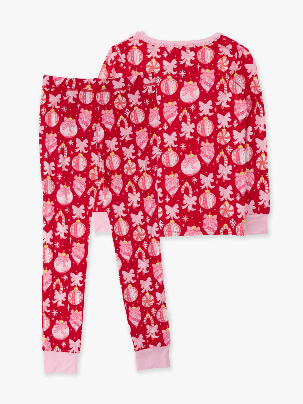 SoftSnooze™ Girls Bamboo Viscose Red Holly Christmas Ornament Bows Ruffle Long Sleeve Pajama Set