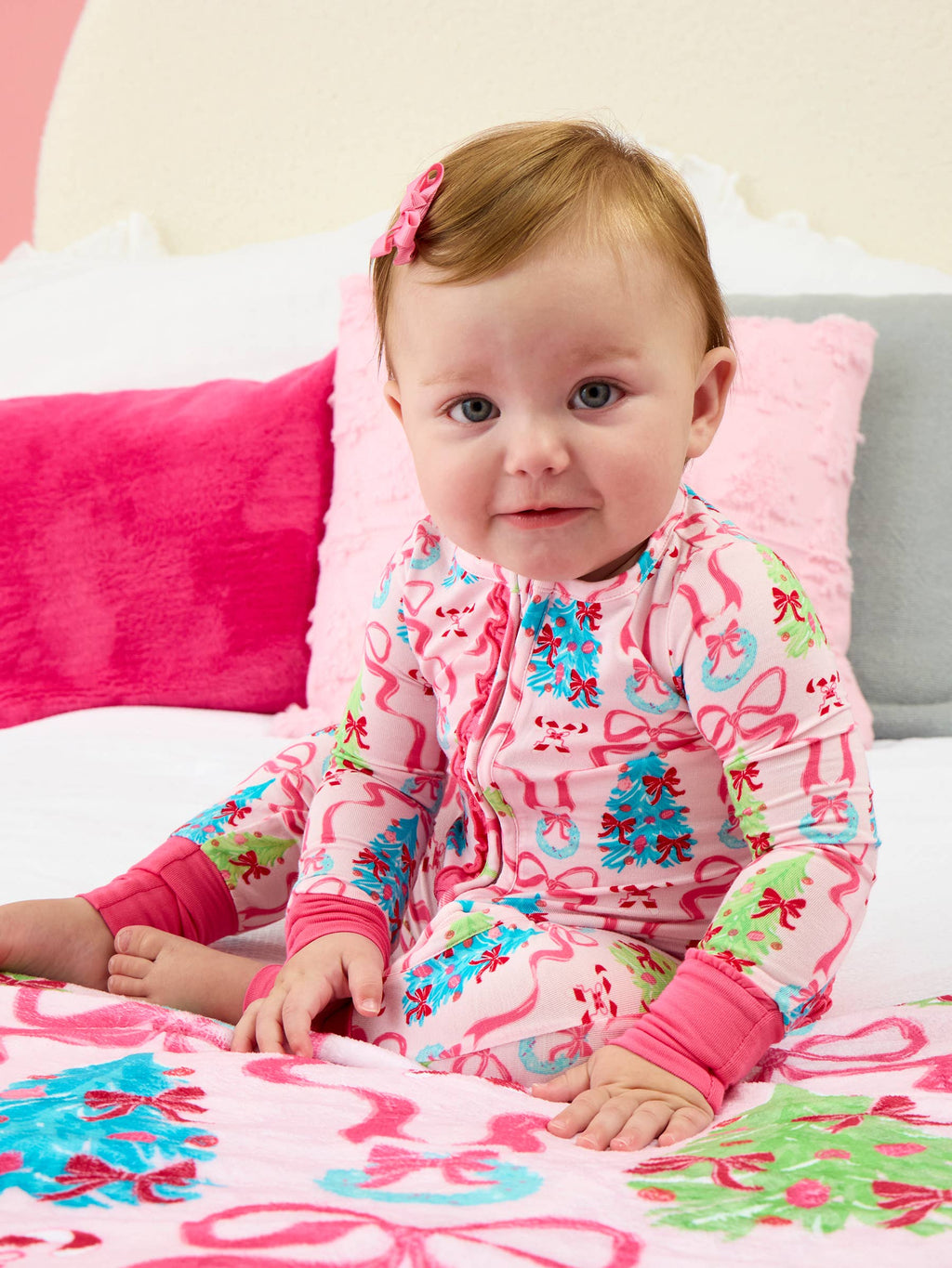 SoftSnooze™ Baby Girls Bamboo Viscose Merry & Bright Christmas Bows Convertible Ruffle One Piece Footie Pajama