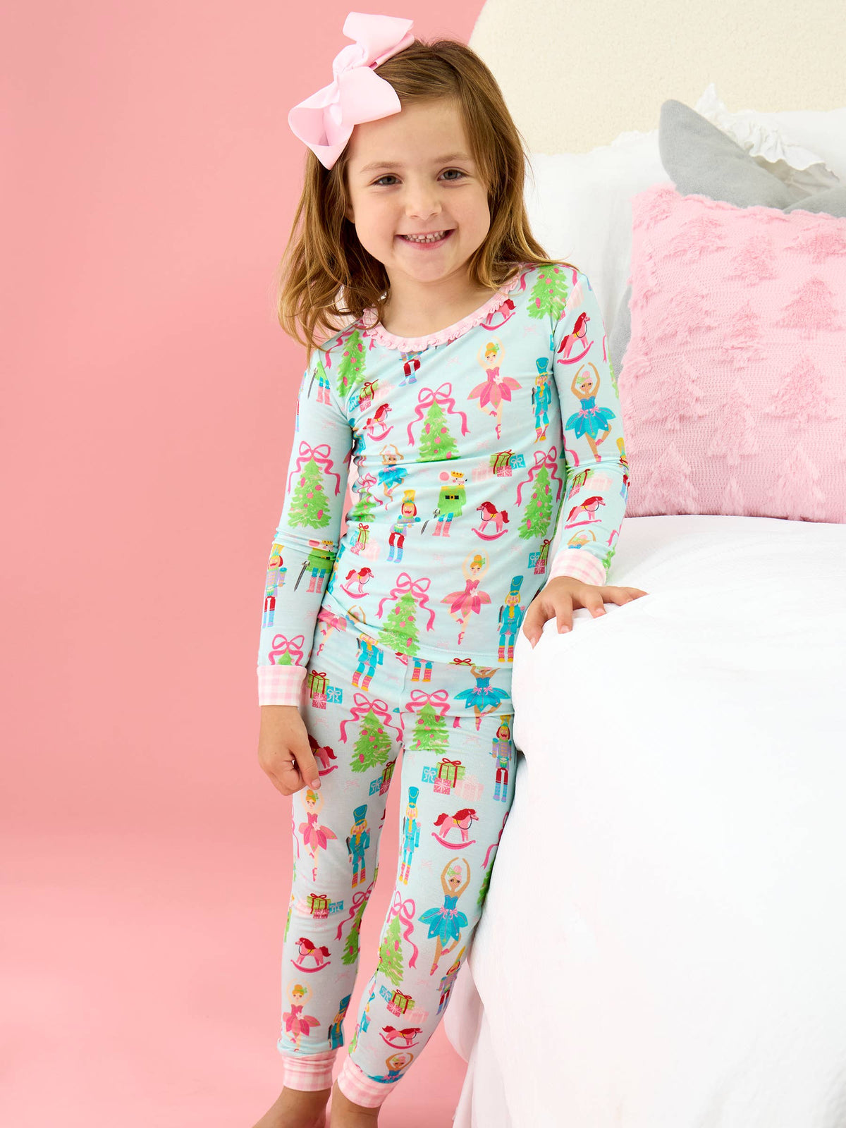 SoftSnooze™ Toddler Girls Bamboo Viscose Nutcracker Christmas Wishes Ruffle Long Sleeve Pajama Set with Signature Rear Ruffles