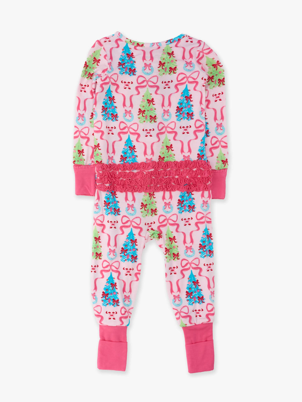 SoftSnooze™ Baby Girls Bamboo Viscose Merry & Bright Christmas Bows Convertible Ruffle One Piece Footie Pajama