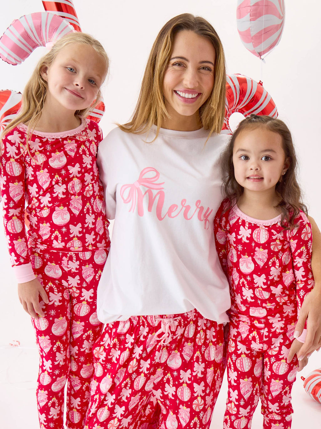 SoftSnooze™ Toddler Girls Bamboo Viscose Red Holly Christmas Ornament Bows Ruffle Long Sleeve Pajama Set with Signature Rear Ruffles