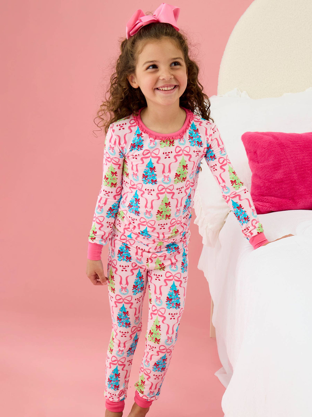 SoftSnooze™ Girls Bamboo Viscose Merry & Bright Christmas Bows Ruffle Long Sleeve Pajama Set