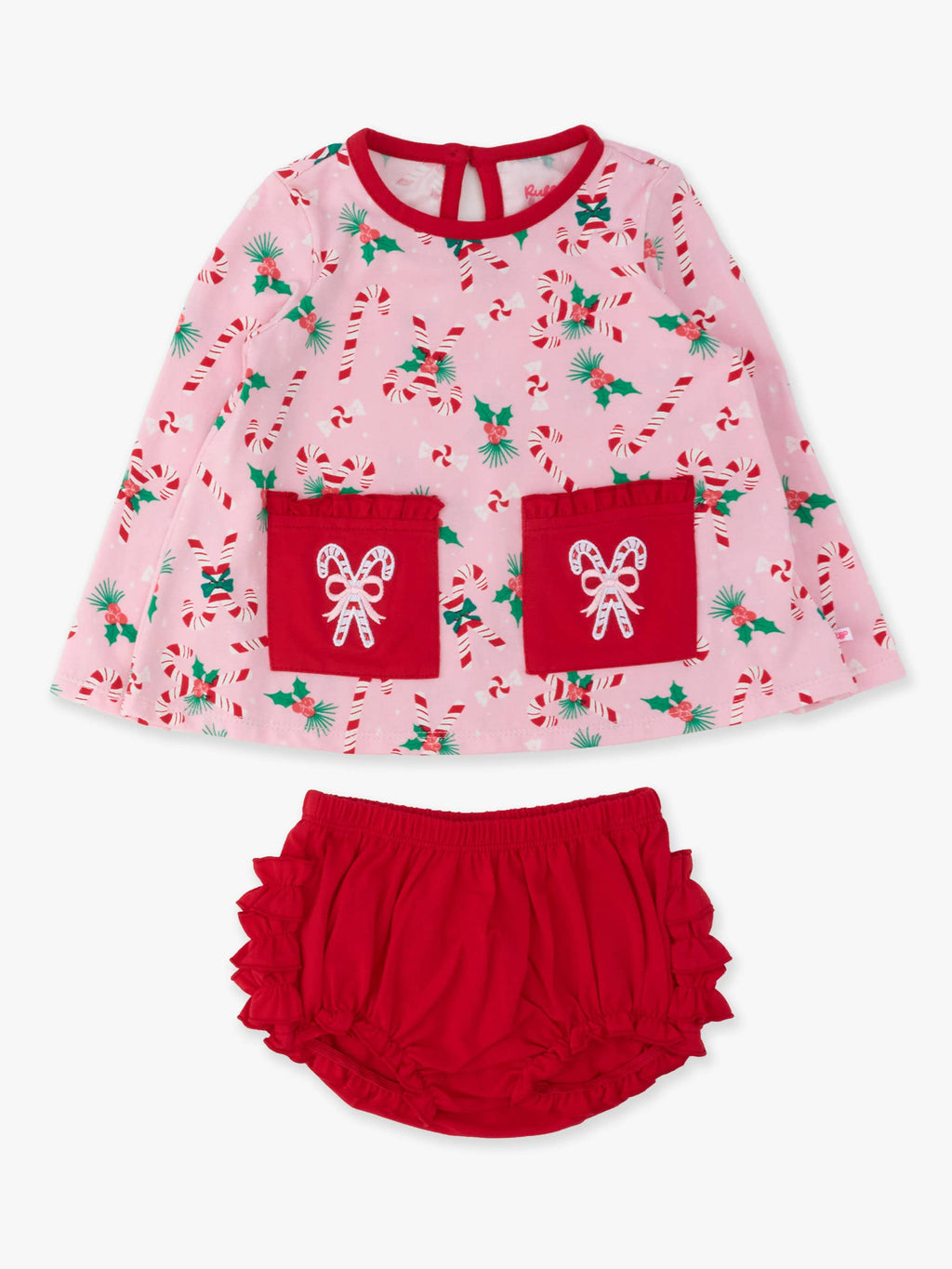 Baby Girls Holly Candy Canes Christmas Knit Long Sleeve Applique Pocket Swing Top & Ruffle Bloomer Set