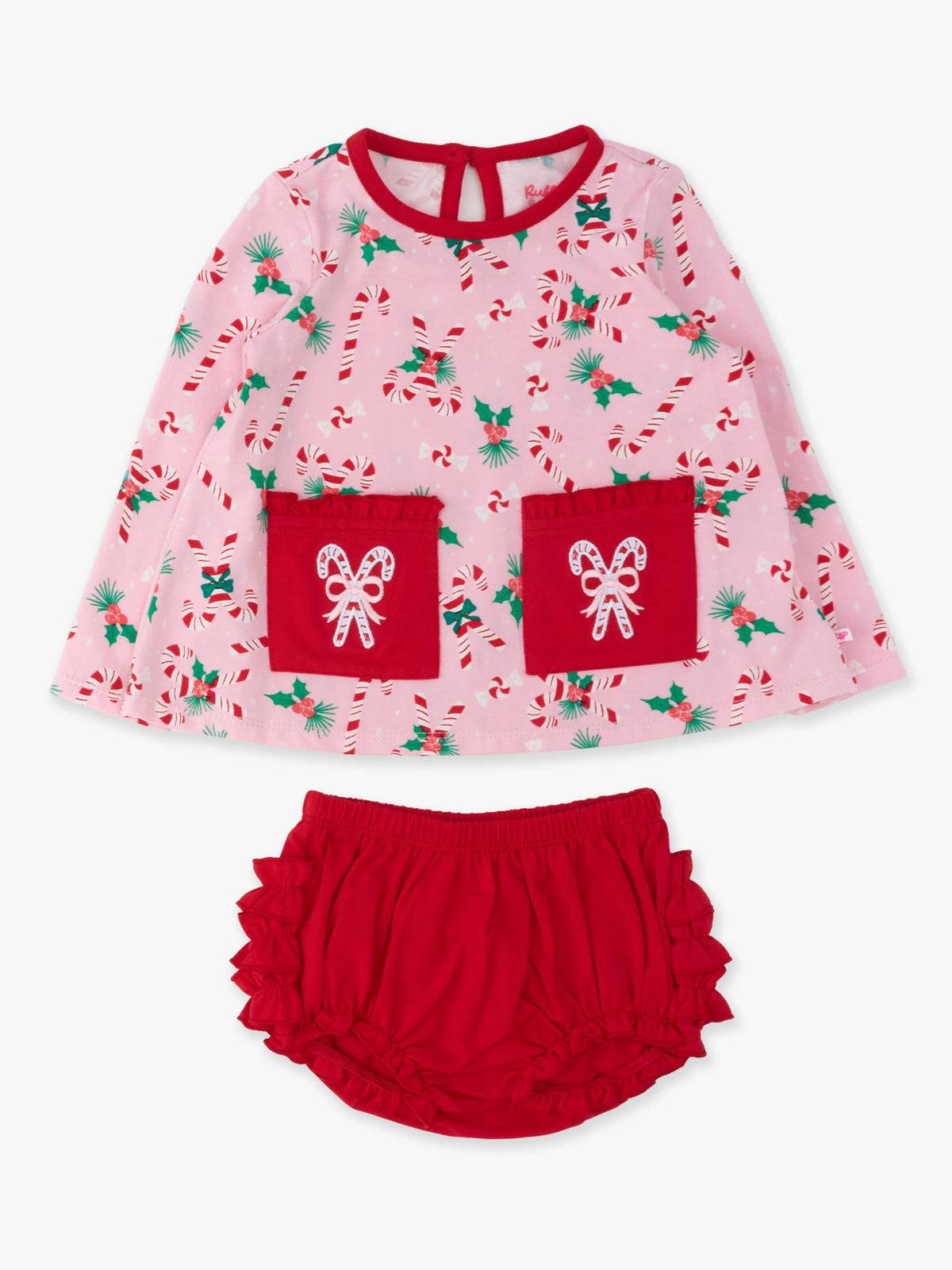 Baby Girls Holly Candy Canes Christmas Knit Long Sleeve Applique Pocket Swing Top & Ruffle Bloomer Set