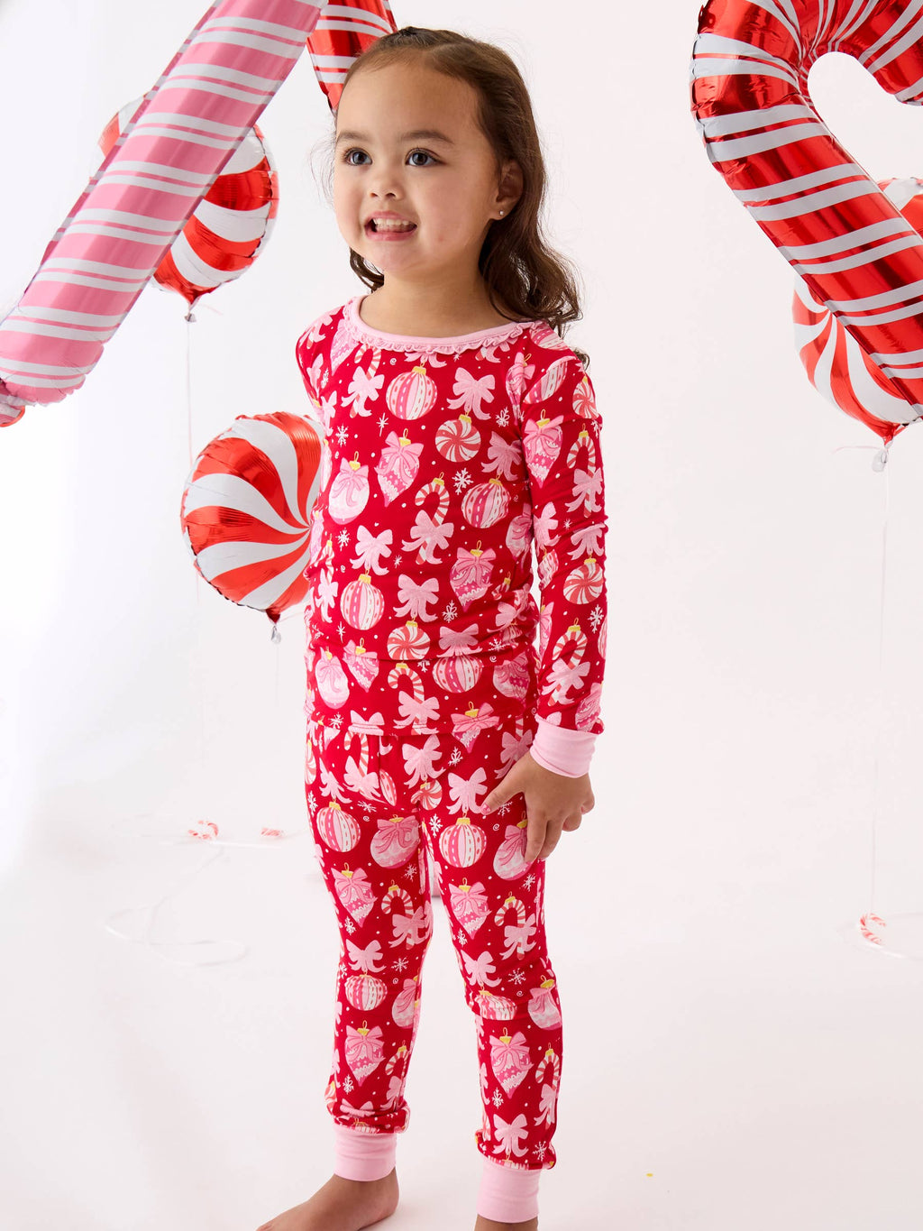 SoftSnooze™ Toddler Girls Bamboo Viscose Red Holly Christmas Ornament Bows Ruffle Long Sleeve Pajama Set with Signature Rear Ruffles