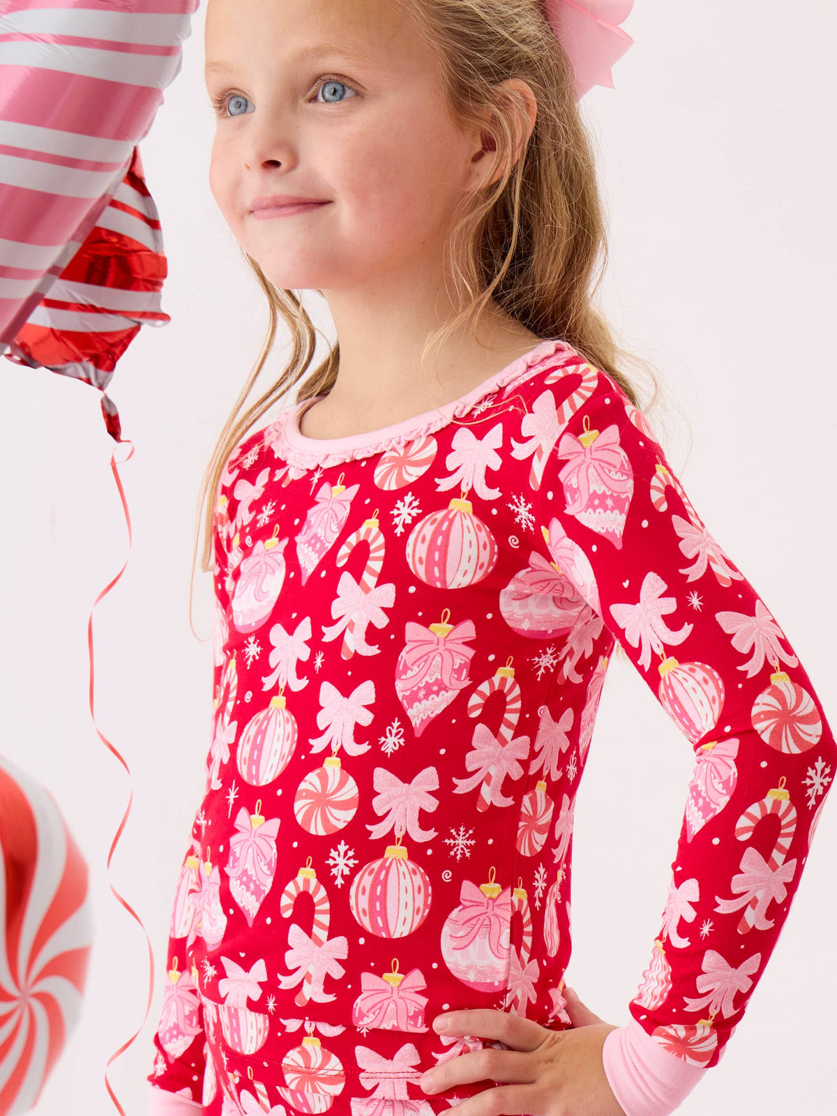 SoftSnooze™ Girls Bamboo Viscose Red Holly Christmas Ornament Bows Ruffle Long Sleeve Pajama Set