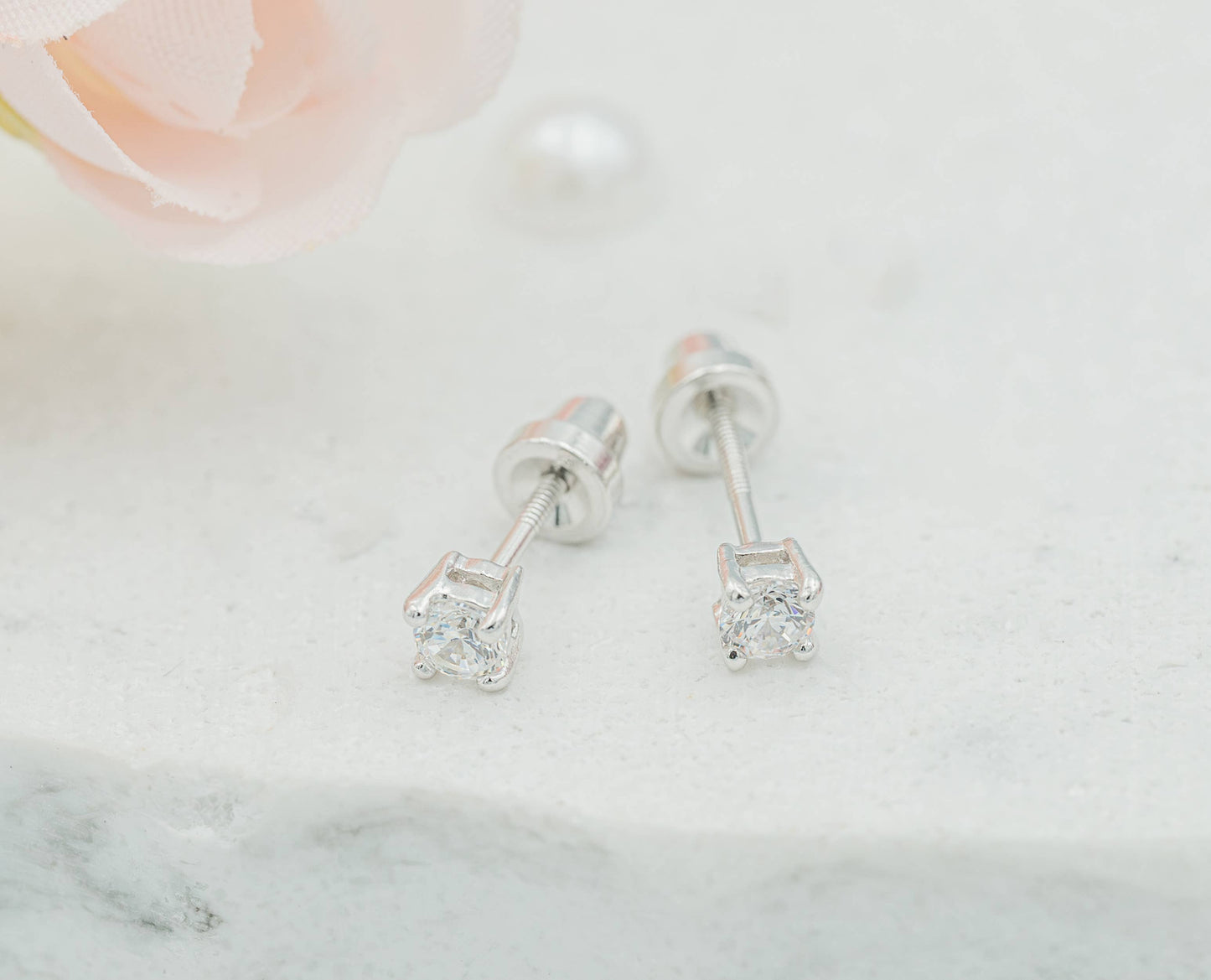 Sterling Silver Clear CZ Stud Earrings for Baby and Children