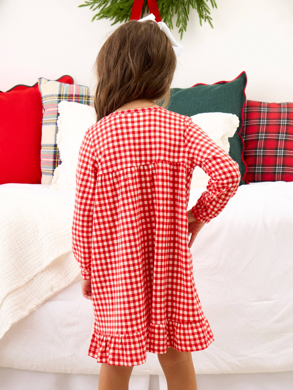 SoftSnooze™ Girls Red & White Gingham Long Sleeve Ruffle Pajama Night Gown