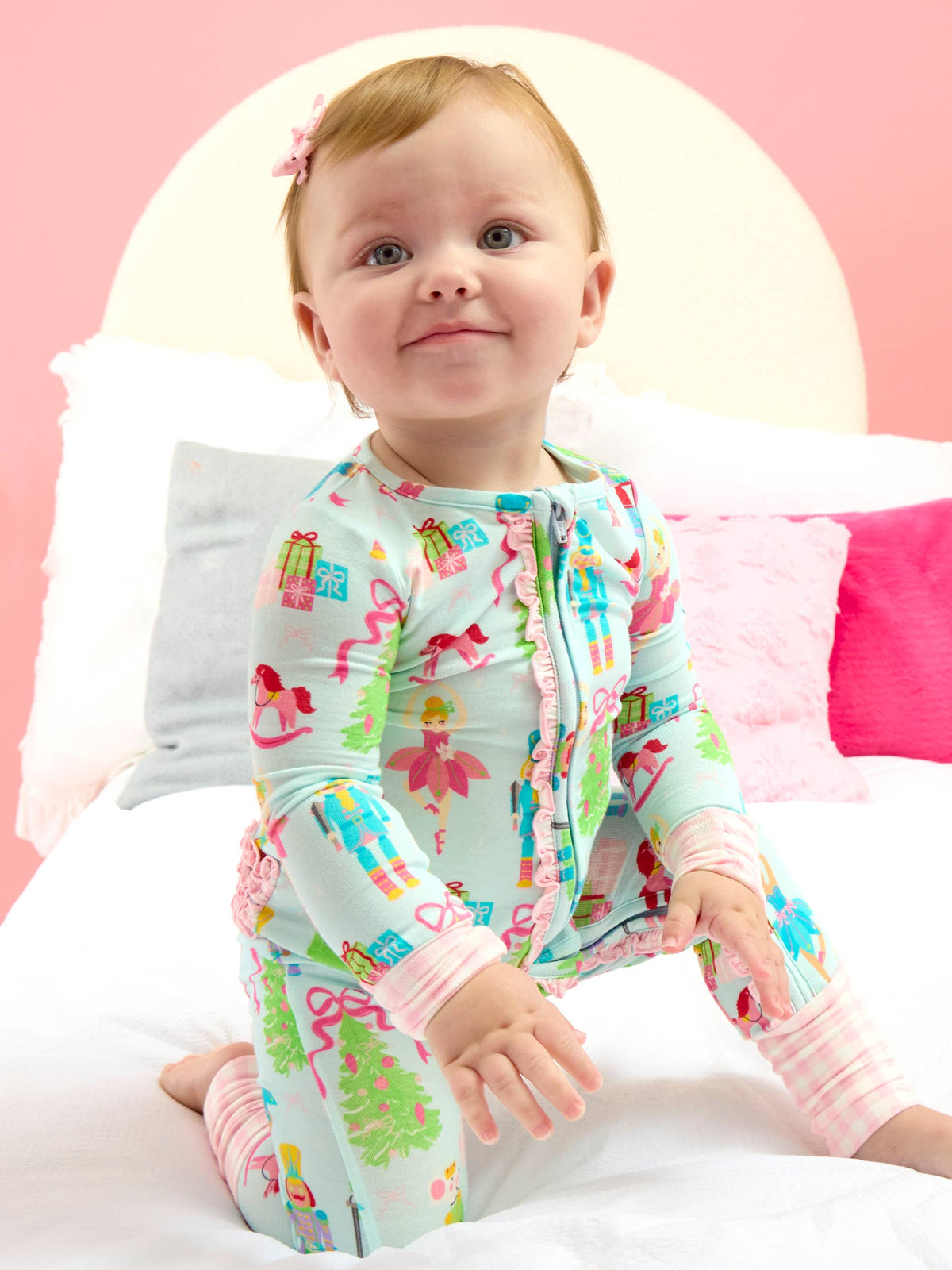 SoftSnooze™ Baby Girls Bamboo Viscose Nutcracker Christmas Wishes Convertible Ruffle One Piece Footie Pajama