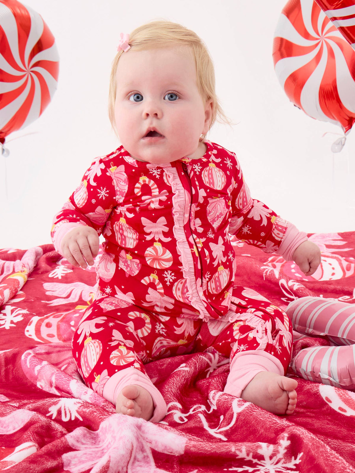 SoftSnooze™ Baby Girls Bamboo Viscose Red Holly Christmas Ornament Bows Convertible Ruffle One Piece Footie Pajama