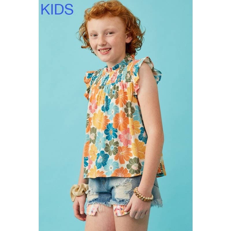 Girls Floral Smocked Ruffle Detail Tank