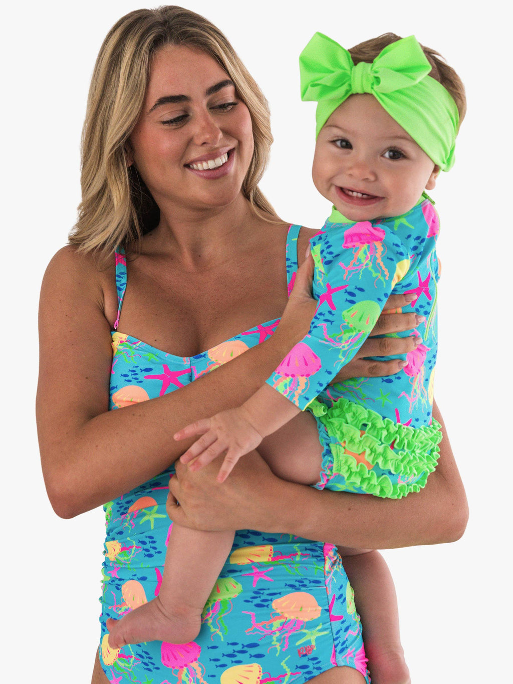 Baby Girls Neon Jelly Time Long Sleeve One Piece Rash Guard Swimsuit with Signature Rear Ruffles