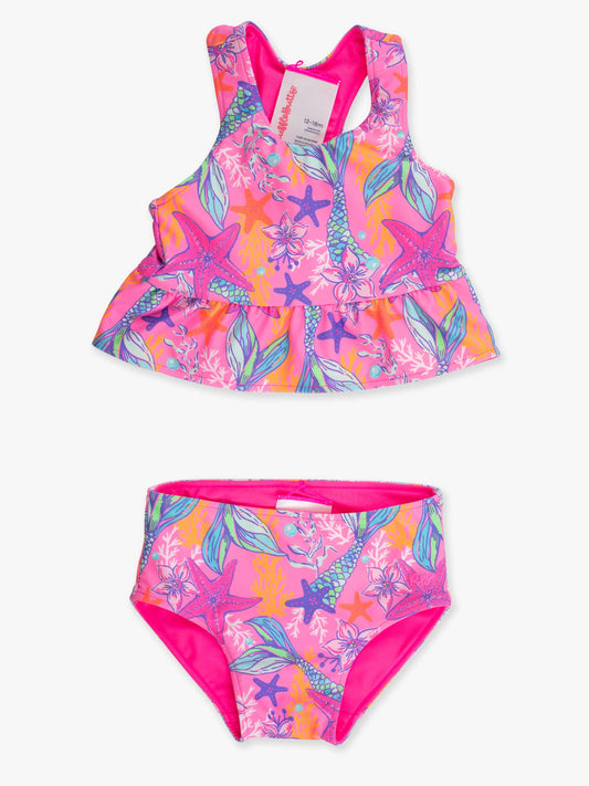 Girls Neon Shimmer Mermaid Reversible Peplum Tankini 2-Piece Swimsuit