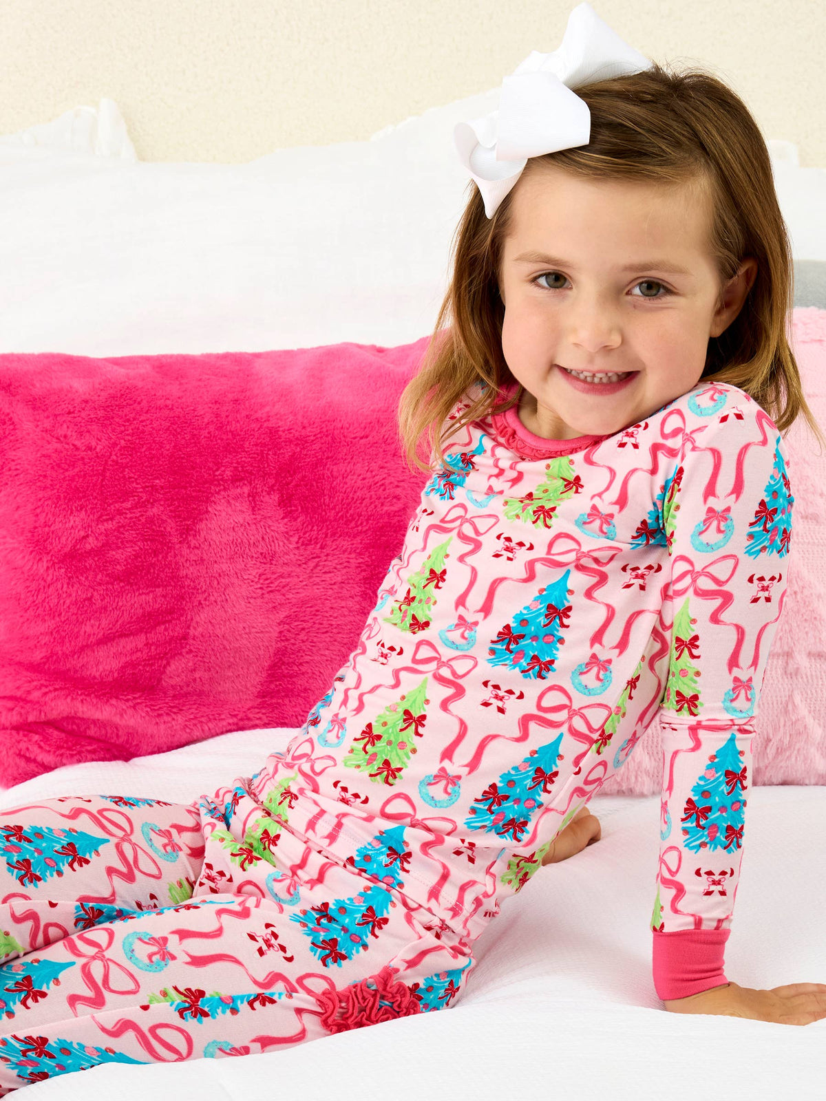 SoftSnooze™ Toddler Girls Bamboo Viscose Merry & Bright Christmas Bows Ruffle Long Sleeve Pajama Set with Signature Rear Ruffles