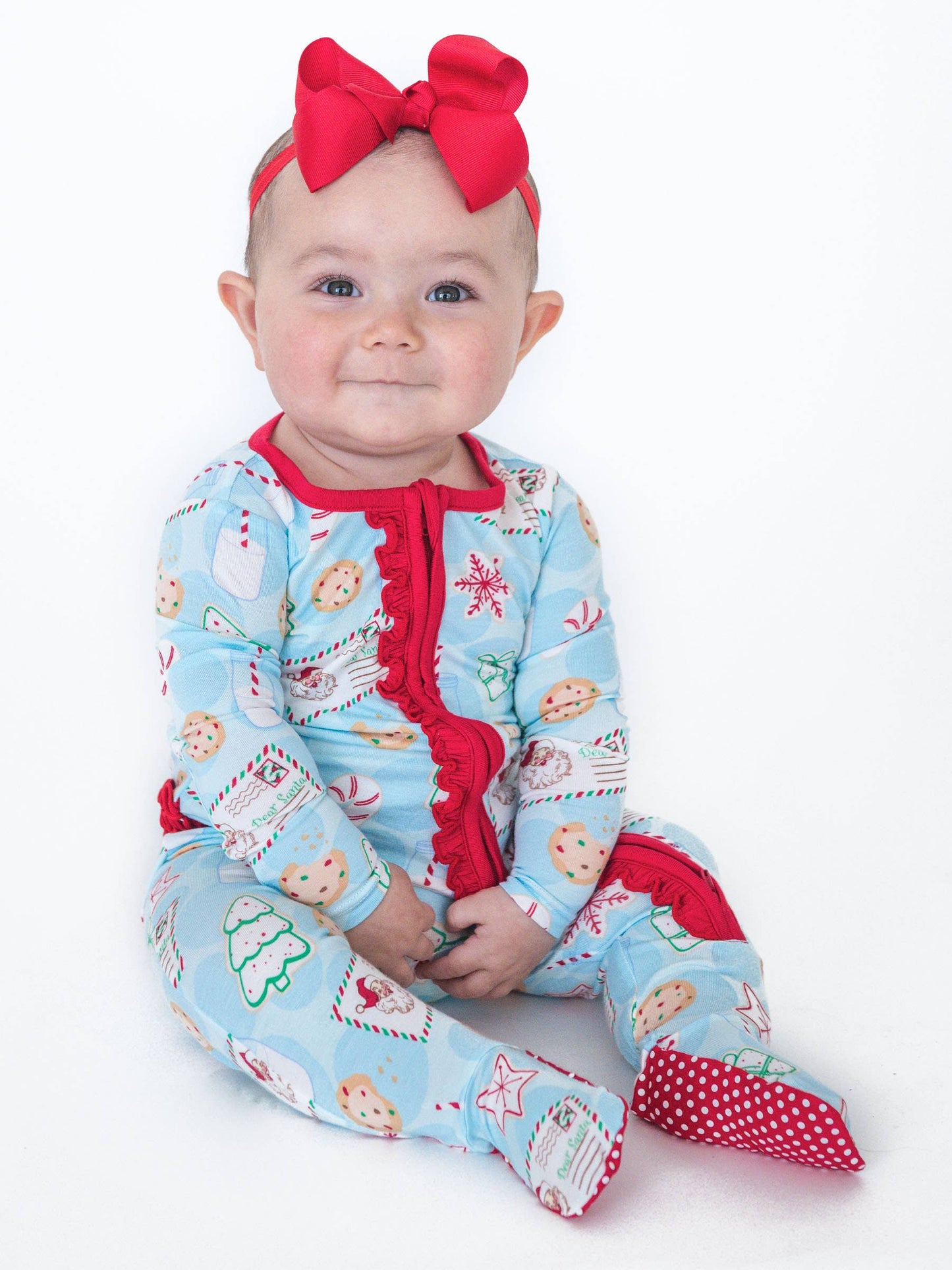 SoftSnooze™ Baby Girls Bamboo Viscose Santa Sweets Footed Ruffle One Piece Pajama