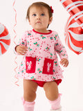 Baby Girls Holly Candy Canes Christmas Knit Long Sleeve Applique Pocket Swing Top & Ruffle Bloomer Set