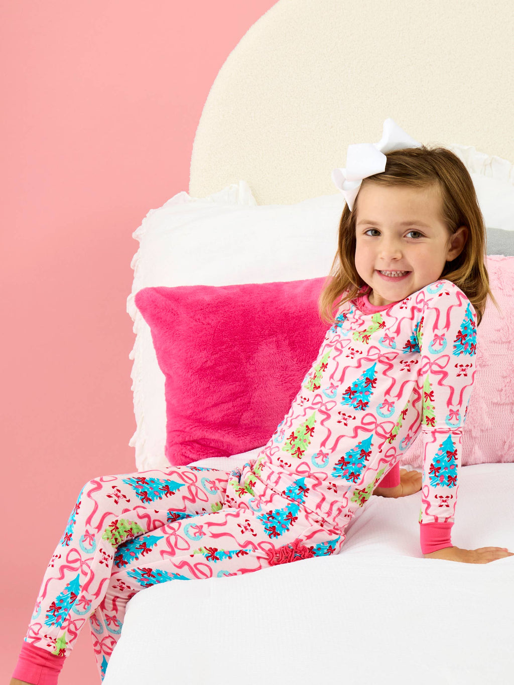 SoftSnooze™ Toddler Girls Bamboo Viscose Merry & Bright Christmas Bows Ruffle Long Sleeve Pajama Set with Signature Rear Ruffles