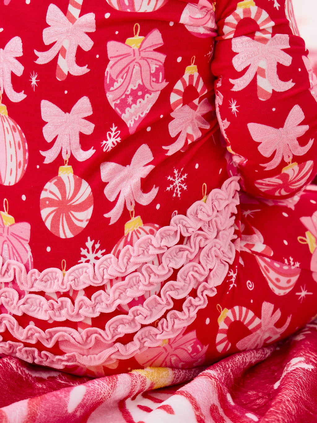 SoftSnooze™ Baby Girls Bamboo Viscose Red Holly Christmas Ornament Bows Convertible Ruffle One Piece Footie Pajama