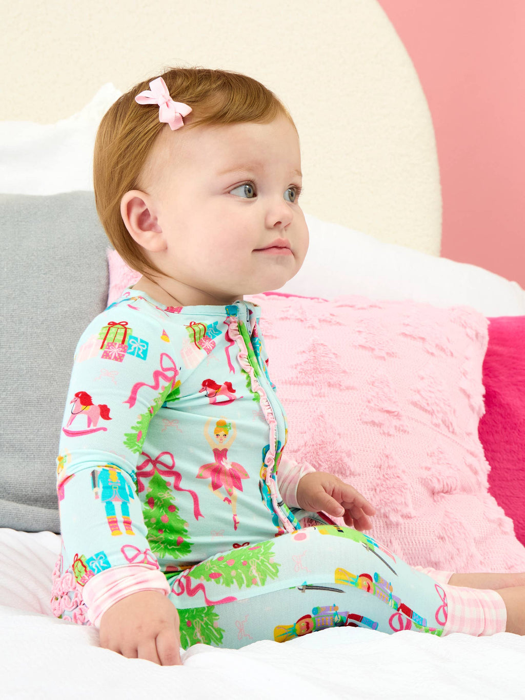 SoftSnooze™ Baby Girls Bamboo Viscose Nutcracker Christmas Wishes Convertible Ruffle One Piece Footie Pajama