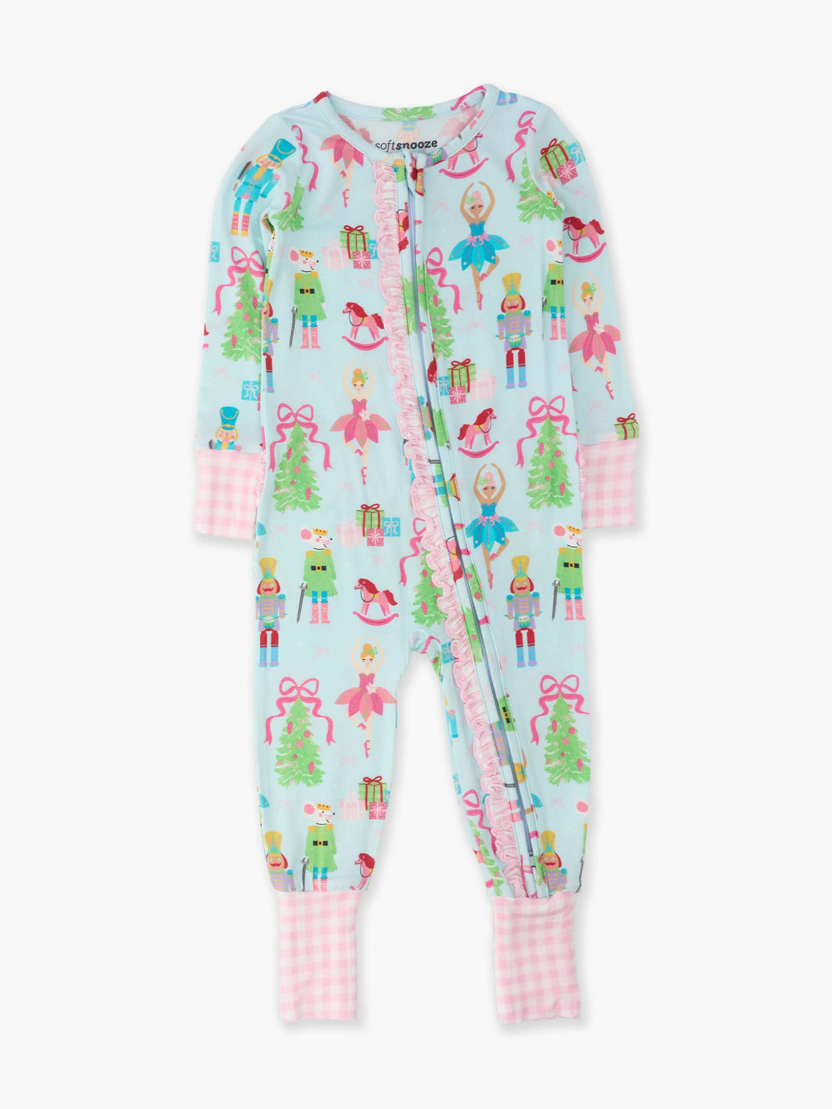 SoftSnooze™ Baby Girls Bamboo Viscose Nutcracker Christmas Wishes Convertible Ruffle One Piece Footie Pajama