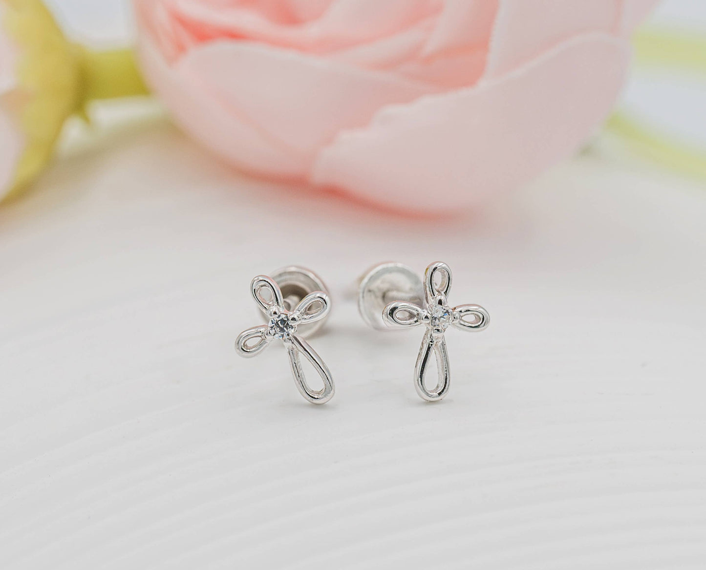Sterling Silver Screw-Back Infinity Cross Baptism Earrings